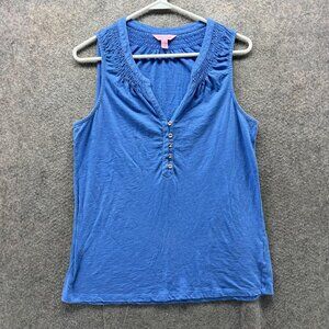 Lilly Pulitzer Tank Top Womens Medium Blue Smocked V Neck Button Sleeveless
